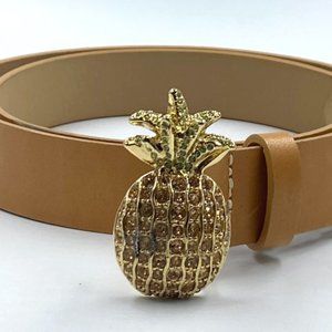 NEW ST JOHN Taupe Brown Gold Rhinestone Pineapple Buckle Belt Small Medium S M